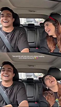 two people sitting in the back seat of a car and one is laughing at someone