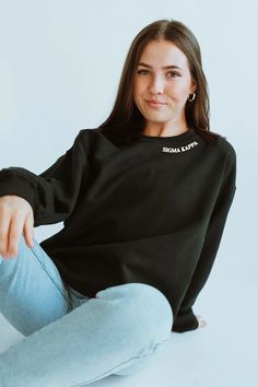 Black sweatshirt with White Collar text - Sigma Kappa – Spikes and Seams Greek Sorority Rush Shirts, Kappa Hoodie, Alpha Phi Shirts, Alpha Omega Epsilon, Kappa Delta Chi, Rush Shirts, Alpha Epsilon Phi, Sigma Delta Tau, Delta Chi