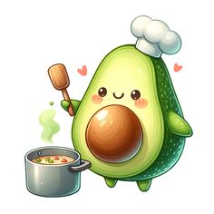 an avocado with a spoon in its hand and a pot on the other side