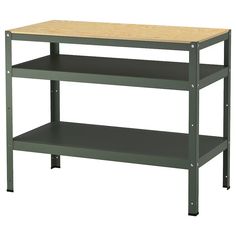 a metal shelf with two shelves on one side and an unfinished wooden top, against a white background