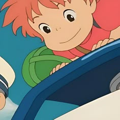 an anime character with red hair sitting in the driver's seat