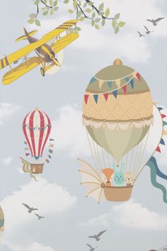 there are many hot air balloons flying in the sky with birds around them and an airplane above