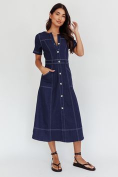 Aspen Love Front Pocket Midi Dress Indigo by Selfie Leslie Denim Dress Outfit Summer, Dresses With Tennis Shoes, Picnic Dates, Dress Types, Cute Church Outfits, 2024 Wardrobe, Dressy Dress, Jean Skirts, Glamorous Fashion