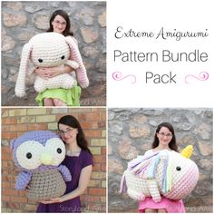 crochet patterns for stuffed animals, including an owl and elephant with the words extreme amigurma pattern bundle pack