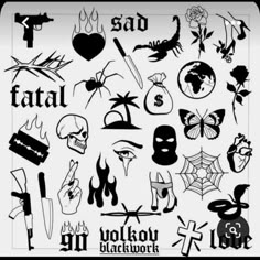 various tattoo designs and symbols are shown in black on white, as well as the words fatal