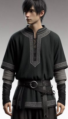 a man with black hair is dressed in medieval clothing and has his hands on his hips