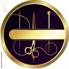 a gold and purple circle with scissors on it