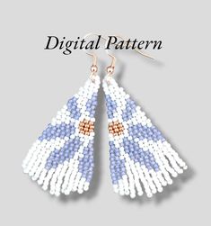 a pair of beaded earrings with the words digital pattern written in white and blue