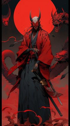 an illustration of a demon holding two swords in front of a full moon and red sky