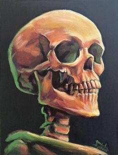 a painting of a skeleton with green eyes