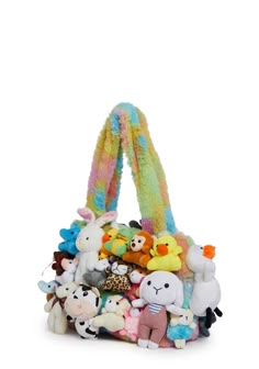 let's live in a candy-coated dreamland! This tote bag has a rainbow tie-dye faux fur construction, 3D animal plush toy appliques all over, a magnetic snap button closure, and an interior zip pocket. Novelty Multicolor Bag For Everyday Use, Fun Multicolor Bags For Playtime, Playful Multicolor Shoulder Bag For School, Multicolor Novelty Bags For Playtime, Fun Multicolor Shoulder Bag, Playful Multicolor Tote Shoulder Bag, Decora Aesthetic, Decora Style, Rainbow Clothing