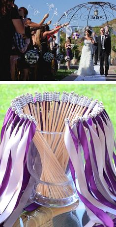 the wedding ceremony is being held in front of an outdoor area with purple and white streamers