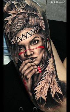 Indian Women Tattoo, Indian Girl Tattoos, Portrait Tattoo Sleeve, Indian Tattoo Design, Headdress Tattoo, Indian Tattoos, Tato Tradisional, Female Warrior Tattoo, American Indian Tattoos