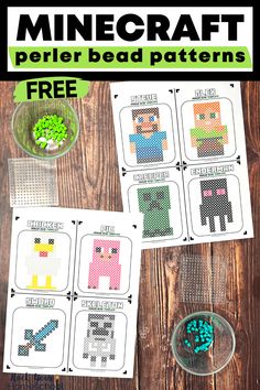 the free minecraft perler bead pattern is displayed on a table with other items