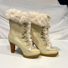 Sooo Pretty!! New And Never Worn Cream Colored Platform Leather Boot. Fabric Lining With Faux Fur Trim , Genuine Cream Leather Uppers With Manmade/ Rubber Sole. These Are A Size 7 1/2. The Back Heel Is 3.5” And The Platform Is Approximately 1/2”. These Really Are Pretty! Cream Leather Heels For Winter, Casual Cream Heels For Winter, Fur Boots, Leather Boot, Wedge Boots, Moto Boots, Fur Trim, Cream Color, Leather Boots