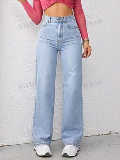 Details:Button \nStyle:Casual \nDetails:Pocket \nDetails:Zipper \nClosure Type:Zipper Fly \nColor:Light Wash \nPattern Type:Plain \nType:Wide Leg \nWaist Line:High Waist \nLength:Long \nFit Type:Regular Fit \nFabric:Non-Stretch \nMaterial:Denim \nComposition:89% Cotton \nComposition:6% Polyester \nComposition:5% Viscose \nCare Instructions:Machine wash, do not dry clean \nBody:Unlined \nSheer:No \n Jeans 2024 Trends Women, Shein Jeans, High Waist Wide Leg Jeans, Jeans Claro, Casual Denim Pants, Women Denim Jeans, Light Wash Jeans, Inspiration Mode, Wide Leg Denim