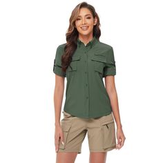 Explore the great outdoors with confidence in the WhizMax Women's UPF 50+ UV Sun Protection Safari Shirt. Designed specifically for the adventurous woman, this shirt is a must-have for your outdoor wardrobe.

- **Material:** 92% Polyester, 8% Spandex
- **Color:** Army Green
- **Size:** S (fits 4-6)
- **Features:** Long sleeves, back mesh-lined, button-down design
- **Gender:** Female
- **Age Group:** Adult

Perfect for activities such as fishing, hiking, or traveling, this safari shirt offers ex Collared Solid Shirt For Outdoor, Solid Collared Shirt For Outdoor, Summer Solid Camp Shirt For Outdoor, Solid Summer Camp Shirt For Outdoor, Summer Outdoor Short Sleeve Button-up Shirt, Solid Camp Shirt For Summer Outdoor, Summer Outdoor Button-up Short Sleeve Shirt, Solid Color Button-up Shirt For Outdoor, Solid Color Button-up Outdoor Shirt