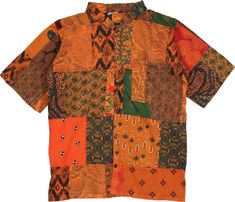 A cool vintage style Indian cotton fabric shirt made from recycled material, sewn into patches and dyed together to create a single color tone look in persimmon orange.  This is a lightweight, airy and summery, mandarin neck, open front buttoned shirt with front pocket and hippie style patchwork. #tlb #Patchwork #XLPlus #Pocket #vacationclothing #beachwrap #Floral #Printed #bohemianfashion #Handmade #XXLBohoShirt #PlusSizeXXLBohoShirt #PlusSizePatchworkShirt #unisexbohoshirt #hippieshirt #festiv Brown Cotton Patchwork Tops, Bohemian Patchwork Shirt For Summer, Yellow Cotton Patchwork Shirt, Hippie Style Patchwork Relaxed Fit Top, Hippie Patchwork Relaxed Fit Top, Summer Orange Patchwork Tops, Orange Relaxed Fit Cotton Shirt, Casual Yellow Patchwork Shirt, Bohemian Orange Patchwork Tops