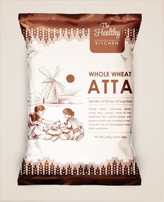 a bag of whole wheat atta sitting on top of a white tablecloth covered floor