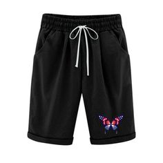 a black shorts with butterfly embroidered on the side and drawstring at the waist