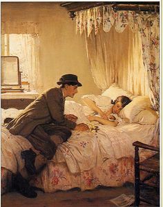 a painting of a man and woman laying in bed