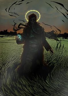 a painting of a person walking through a field with birds flying around him and holding a glowing orb in his hand