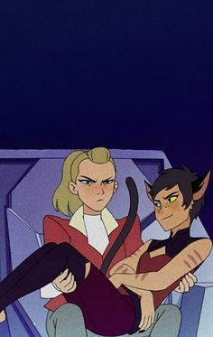 two cartoon characters sitting next to each other in front of a dark background with the same character on it