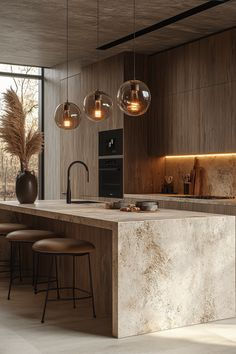 a modern kitchen with marble counter tops and bar stools in front of large windows