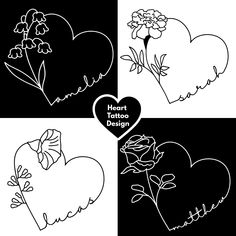 four hearts with flowers and the word heart tattoo design