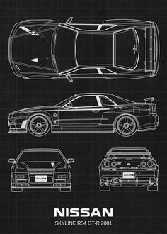 the nissan skyline r34 gtr is blueprinted on black paper, and it has