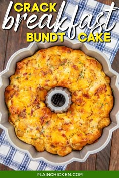 a baked breakfast bundt cake in a pan on top of a wooden table with text overlay