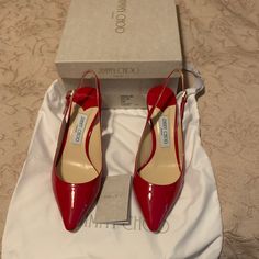 Nib Jimmy Choo Erin Patent Slingback Red 39.5. 3” Heel Never Worn Non-Smoking Home Classic Red Slingback Pumps With Heel Strap, Classic Red Slingback Pumps For Evening, Luxury Slingback Pumps With Red Sole And Ankle Strap, Red High Heel Slingback Pumps For Formal Occasions, Red Slingback Pumps With Red Sole And Open Heel, Red Slingback Pumps With Open Heel, Designer Slingback Pumps With Red Sole, Designer Slingback Pumps With Red Sole For Formal Occasions, Red Slingback Pumps With Heel Strap For Formal Occasions