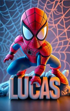 a spider man with the word lucas in front of him