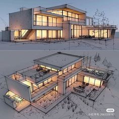 two renderings of a modern house at night and day, with the lights on