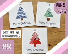 three christmas tree cards with the words merry christmas on them