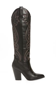 Intricate stitching enhances the Western influence of a block-heel cowboy boot in a knee-high profile. 3 1/2" heel (size 8.5) 17" shaft height, 14" shaft Leather upper/synthetic lining and sole Imported Western Wide Calf High Heeled Boots, Western Style Heeled Boots With Wide Calf, Western Style High Heel Boots For Wide Calves, Western Style Wide Calf Heeled Boots, Western Boots With Block Heel, Western Style Boots With Block Heel, Fitted Western Boots With Block Heel, Western Style Black Heeled Boots With Block Heel, Black Wide Calf Heeled Boots For Western Events