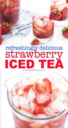 strawberry iced tea in a pitcher with ice and strawberries