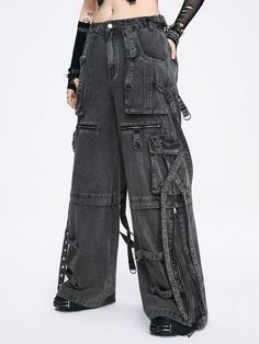 Workwear Style Metal Grommet Pocket Decoration Distressed Acid Washed Women's Jeans, School Grey Casual   Denim Plain Wide Leg Non-Stretch  Women Clothing, size features are:Bust: ,Length: ,Sleeve Length: Aesthetic Drip, Punk Women, Clothes Reference, Workwear Style, Black Punks, Punk Rock Fashion, Workwear Fashion, Straight Leg Denim, Wide Leg Denim