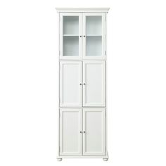 a tall white cabinet with glass doors on the top and bottom shelves, against a white background