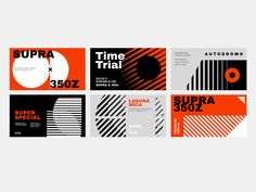 four different business cards with black and orange stripes on the front, one for supra