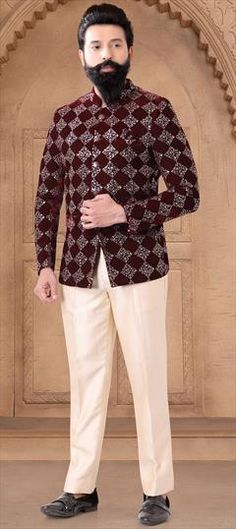 Red and Maroon color Jodhpuri Suit in Velvet fabric with Embroidered, Sequence, Thread work Maroon Jodhpuri Suits For Men, Designer Red Unstitched Suit With Mirror Work, Red Unstitched Suit With Mirror Work For Festive Occasions, Semi-stitched Red Suit With Mirror Work, Red Long Sleeve Bandhgala For Designer Wear, Red Unstitched Suit With Mirror Work For Festivals, Red Bandhgala For Eid Festive Occasion, Red Bandhgala With Zari Work For Festive Occasions, Festive Red Bandhgala With Zari Work