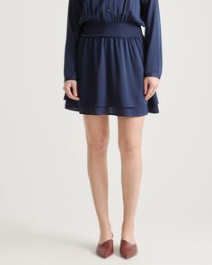 A dress so versatile, you’ll wonder how you lived without it. Pullover-style with a flexible smocked waistband and soft layered skirt, it’s easy to put on and even easier to wear. Made of our bestselling premium mulberry silk with a hint of stretch, known for being low-maintenance and washable. Plus, silk fiber contains 18 kinds of amino acids that make it amazing for skin nourishment, hypo-allergenic, and naturally thermoregulating to help maintain body temperature.  | Quince | Women's Washable Layered Skirt, Mulberry Silk, Put On, Pullover Styling, Smocking, Long Sleeve Dress, Mini Dress, Silk, Dresses