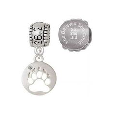 Silvertone Bear Paw Silhouette 26.2 Marathon Run She Believed She Could Charm Beads (Set of 2). Silvertone Bear Paw Silhouette is approximately 0.64 x 0.53 x 0.09 inches (HxWxD) including loop. Smooth disc with a clear crystal on the front. Wear this bear paw as a symbol of bravery, courage, freedom, and protection. 26.2 Charm Hanger Bead is approx. 13x10x8 mm (HxWxD) Hole size: 5.5 mm. Our Charm Beads are compatible with most Charm Bead Bracelets. Also makes a great charms pendant. She Believed Paw Silhouette, Jewish Jewelry, Bear Paw, She Believed She Could, Charm Beads, Bear Paws, Marathon Running, Bead Charm Bracelet, Bead Bracelets