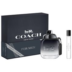 Coach for Men Eau de Toilette takes you on a journey of endless possibilities, evoking a sense of freedom that comes from the energy and spontaneity of New York City. A modern fragrance which combines fresh, energetic top notes and a skin-like warm sensuality in the amber, woody base notes. Experience the scent with this chic gift set including a 1.7 fl. oz. Eau de Toilette Spray and a 0.25 fl. oz. Travel Spray. Men’s Gifts, Coach For Men, Male Gifts, Boxes For Gifts, Philosophy Amazing Grace, Christmas Fragrance, Brother Christmas, Men's Fragrance, Coach New York