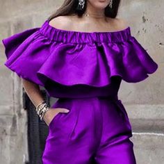 Women Open Shoulder Solid Purple Color Ruffles Top - Golden Atelier Purple Ruffle Top, Solid Purple Color, Ruffles Top, Bow Tie Dress, Purple Collar, Shirt Blouses Women's, Summer Blouse, Summer Blouses, Purple Top