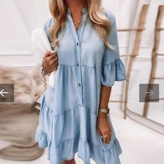 Blue Denim Dress. V-Neck With Ruffle Tiered Bottom. Great Casual Dress For Summer. Would Look Great With Sandals Or Sneakers. New With Tags! Streetwear Dress, Blue Outfits, Moda Denim, Flared Denim, Midi Denim, Skirt Denim, Mode Casual, Half Sleeve Dresses, Jeans Casual