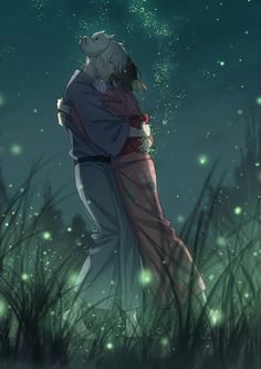 two people are hugging in the grass with fireflies flying above them and one person is holding