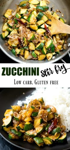 zucchini stir fry with low carb, gluten free rice in a skillet