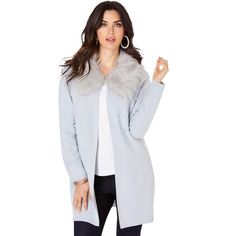 A seriously glamorous sweater, this rib knit cardigan gets a layer of luxe with a removable faux-fur collar and pearl embellishments. Open front. Long Cardigan Outfit, Long Winter Coats Women, Winter Coat Dress, Winter Coat Outfits, Faux Fur Cardigan, Long Black Cardigan, Fur Cardigan, Rib Knit Cardigan, Jackets Women