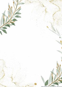 a white background with green leaves and gold glitter on the bottom right corner is an empty space for text